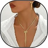 YANCHUN Gold Bow Necklace Earrings Set Dangle Drop Tassel Dainty Elegant Statement Earrings Necklace Dress for Women Accessories Jewelry Gifts