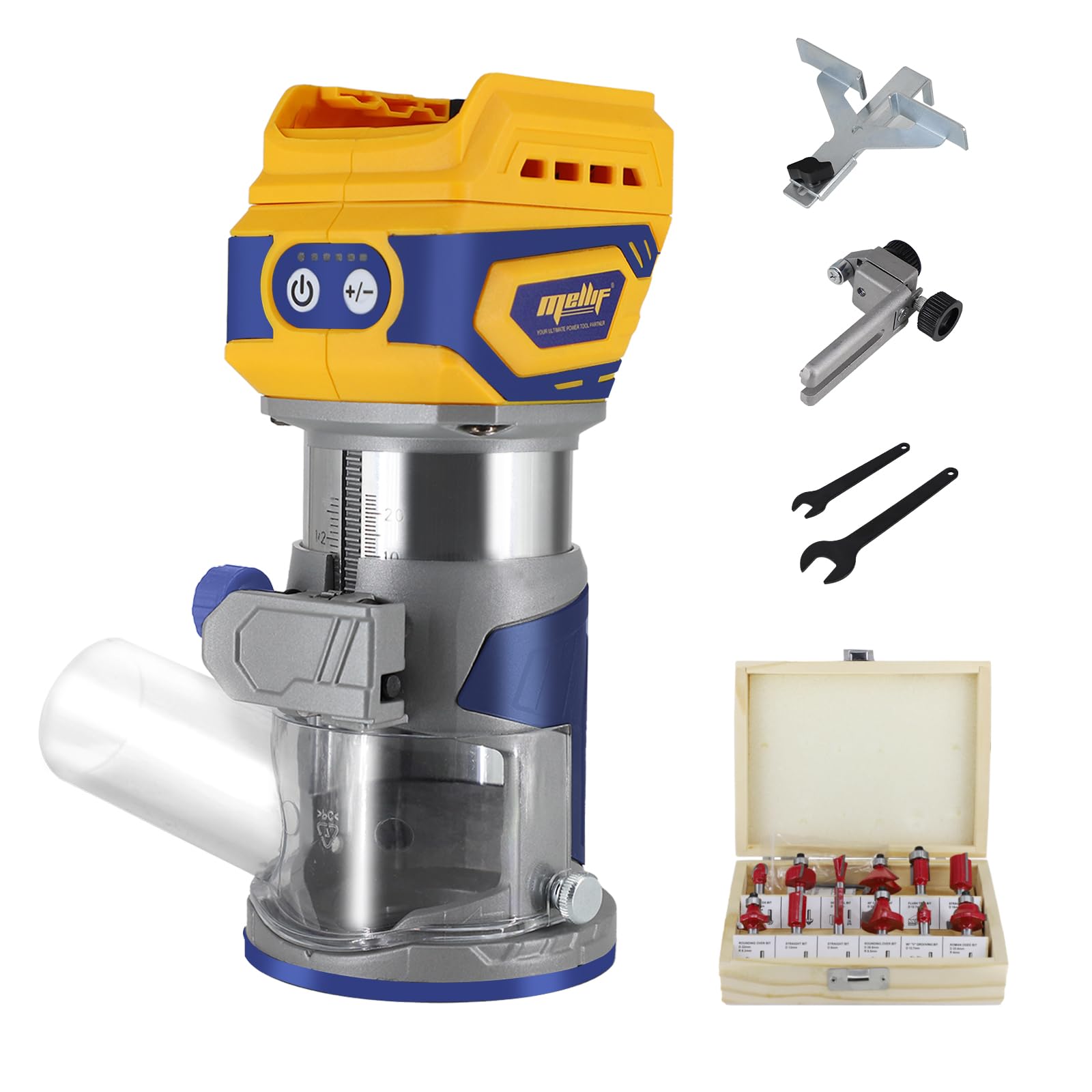 Photo 1 of Cordless Compact Router, Mellif Brushless Palm Router Compatible with DeWalt 20V MAX Battery (Tool Only) 28,000RPM 600W w/Fixed Base, 12PCS 1/4" Router Bits, 5-Speed, Edge & Roller Guides, Dust Hood