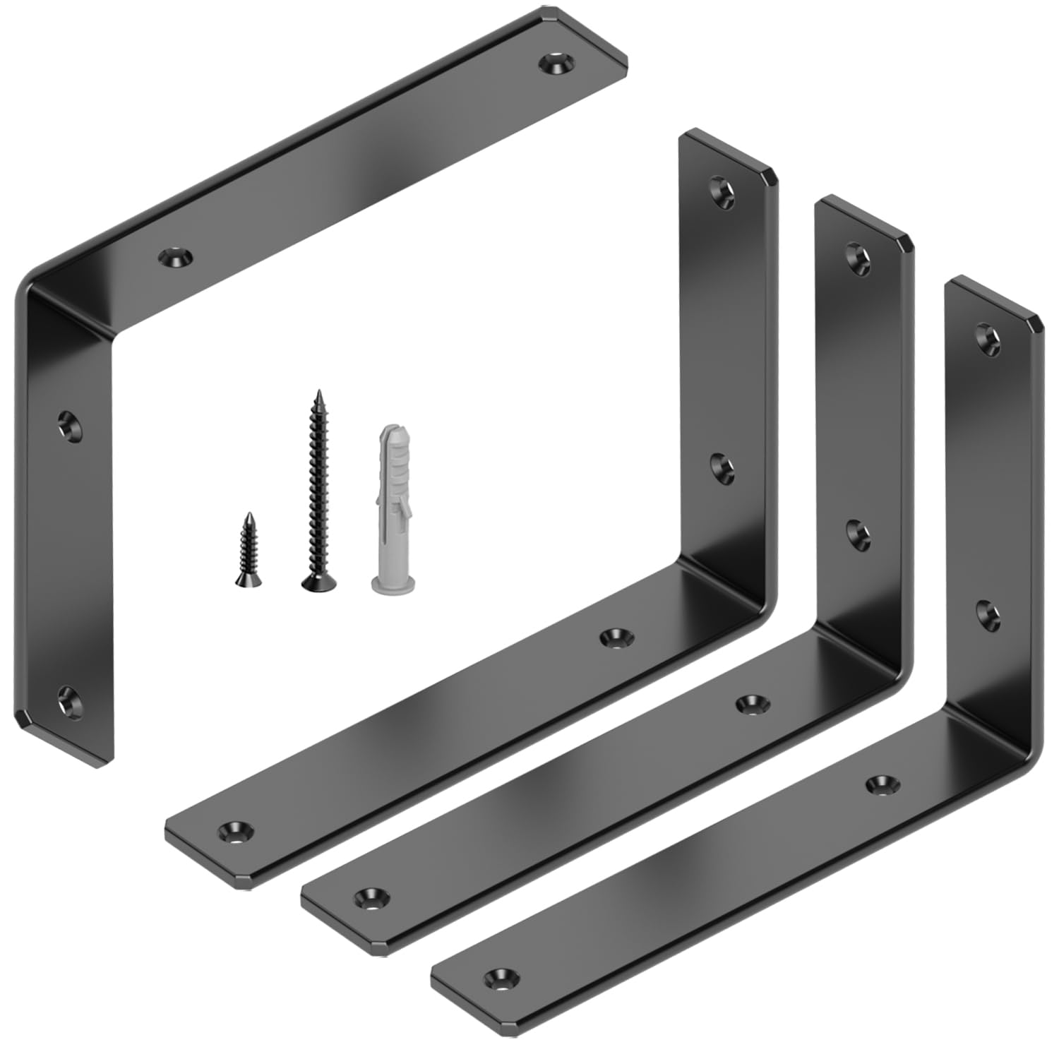 GOFOWRK 4 Pack 20 cm Shelf Brackets, 5.4mm Thicked Floating Shelf Bracket, Black L Brackets for Shelves with Hardware, Solid Steel Heavy Duty Shelf Bracket for Shelves Support (4 Pack)