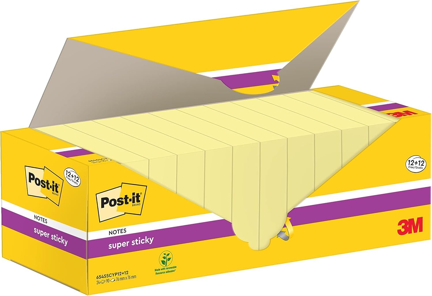 Post-it Super Sticky Notes, Vorteilspackung mit 24 Blöcken, 90 Blatt pro Block, 76 mm x 76 mm, Farbe: Gelb - Extra-stark klebende Notizzettel für Notizen, To-Do-Listen und Erinnerungen, Mittel