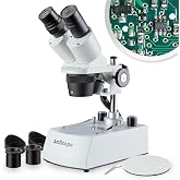 AmScope SE306R-PZ-LED Forward-Mounted Binocular Stereo Microscope, WF10x | 2X &amp; 4X Magnification DIN Standard RMS 20.32mm Thread 160mm Finite Tube Length Compatible Numerical Aperture 0.10