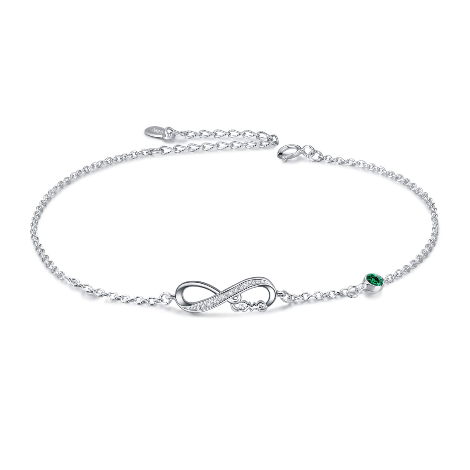 AOBOCO 925 Sterling Silver Infinity Bracelet with Birthstone Crystals, Birthday Gifts for Her Girlfriend Wife (5-May-Simulated Emeral)