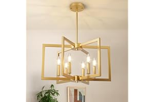 BAIRTH 6-Light Gold Chandelier, Farmhouse Dining Room Light Fixture, 21.3in Modern Chandelier, Geometric Industrial Metal Hang Lighting Fixture for Foyer Entryway Kitchen Over Table Hallway Living Room