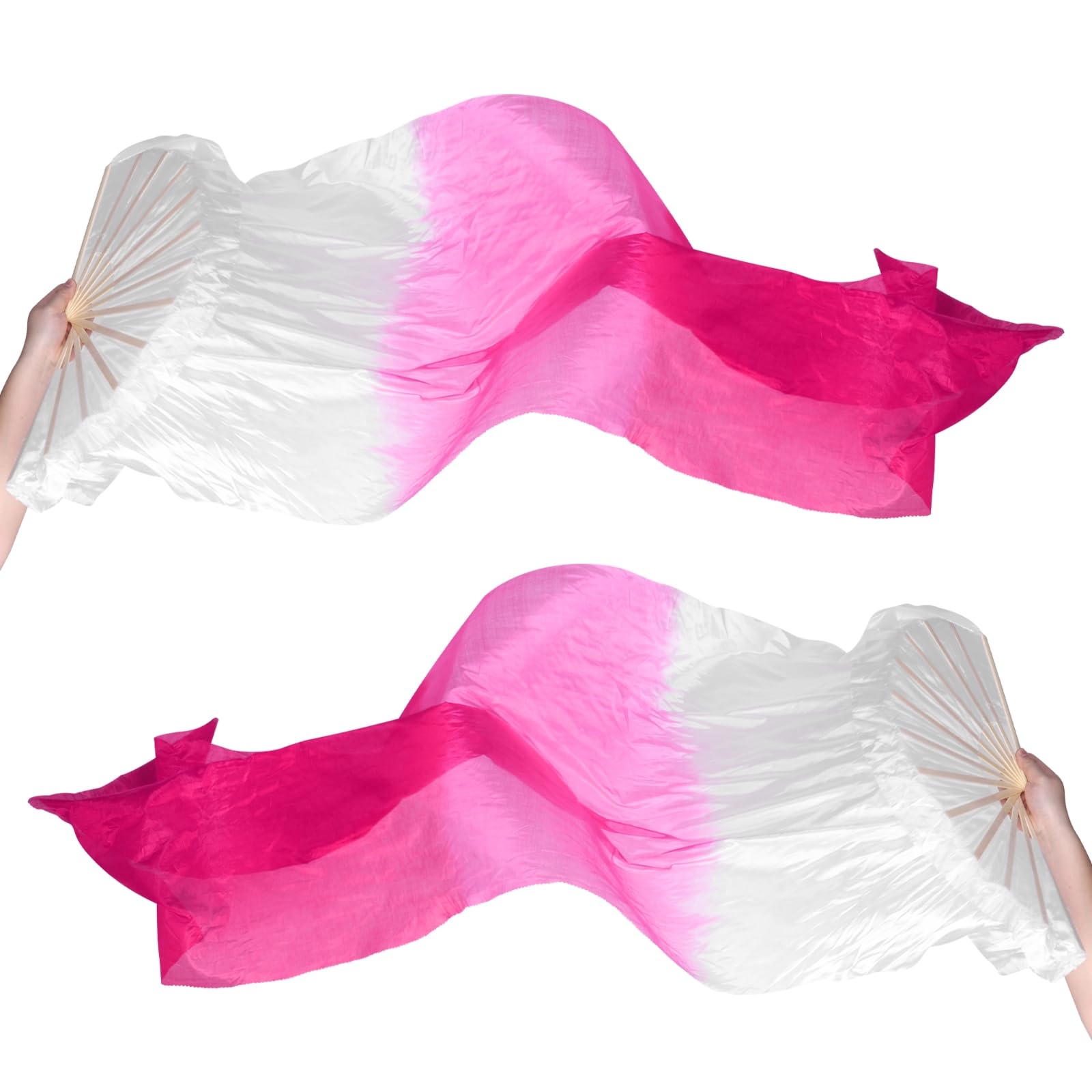 PATIKIL Belly Dance Silk Fan Veil 71", 1 Pair (Left+Right) Women Long Folding Dance Fan Wood Fan for Dance Performance, White Gradient Pink