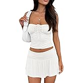 Tongmingyun Womens Summer 2 Piece Outfits Y2k Crop Tube Tops and Pleated Mini Skirts Beach Sets