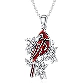 BETHZA Cardinal Necklace 925 Sterling Silver Red Bird Cardinal Flower Pendant with Diamonds Animal Jewelry Gifts for Women Christmas Birthday