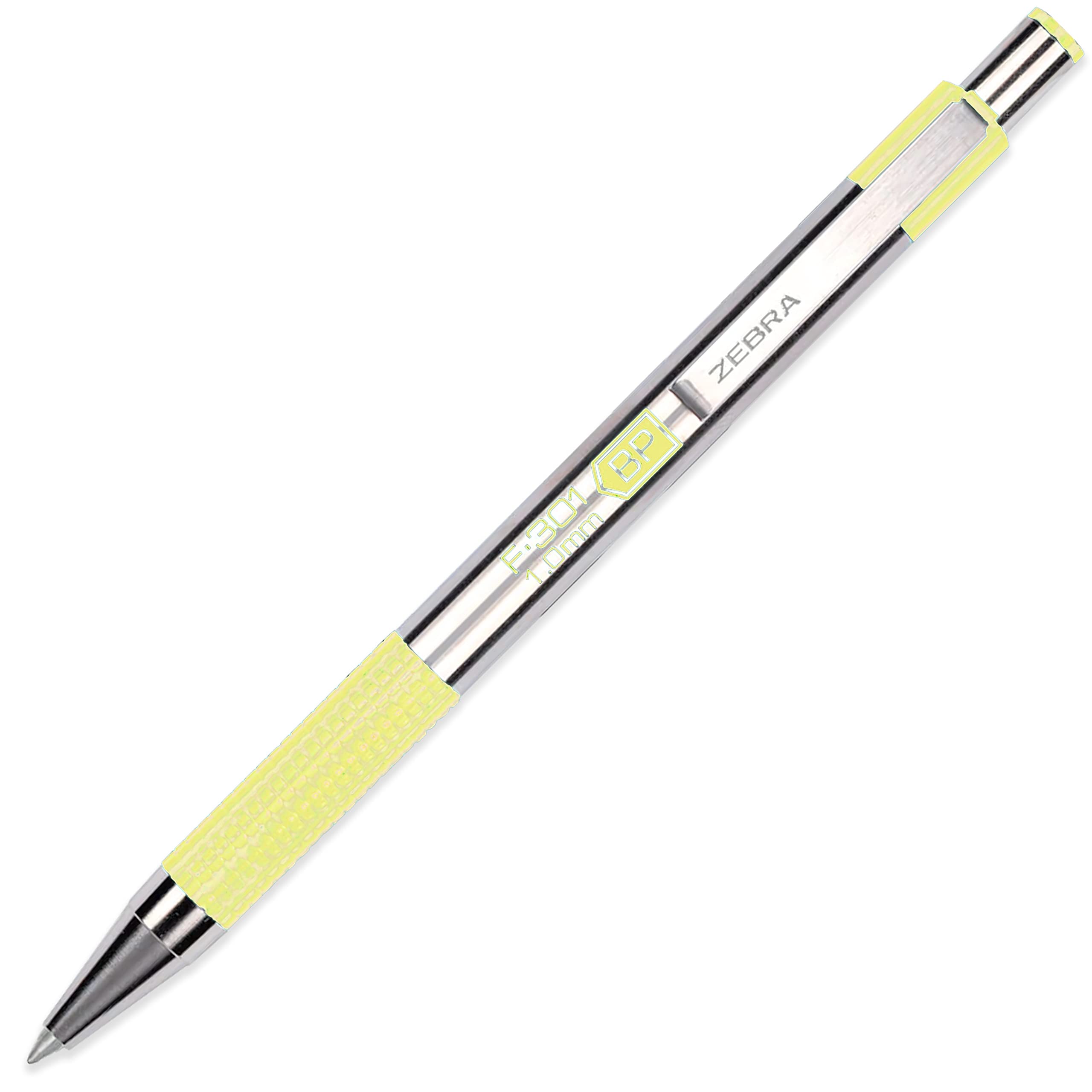 Zebra F-301 Stainless Steel Retractable Ballpoint Pen - 1.0mm Medium Nib - Pastel Yellow Barrel - Black Ink
