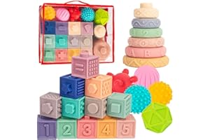SpringFlower 3 in 1 Montessori Toys for Babies 0-3-6-12 Months, Soft Baby Teething, Stacking Building Blocks for Infants, Sensory Developmental Education Toys for Toddler Baby 12-18 Months,23 PCS