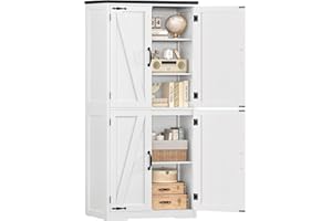 TEENFON Farmhouse Storage Cabinet with 2 Adjustable Shelves, Pantry Cabinet with 4 Barn Doors, Bathroom Cabinet, Cupboard for