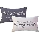 ULOVE LOVE YOURSELF Home Saying Throw Pillow Covers with Our Happy Place Quote Rustic Farmhouse Decor Lumbar Pillow Cases 12" x 20",2Pack Housewarming Gifts for Sofa/Couch/Porch (Grey)