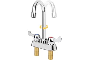 KANONEY Deck Mount Commercial Bar Sink Faucets 4 Inch Center 2 Hole Hand Sinks Faucet with 3-1/2" Gooseneck Spout 2 Lever Han