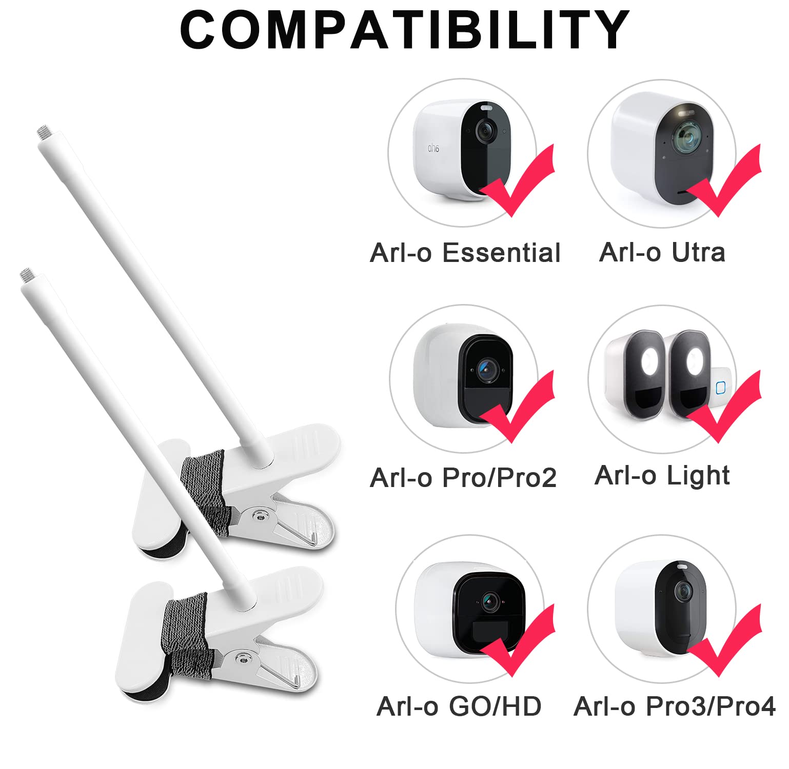AOZTSUN 2Pack Flexible Clamp Mount Compatible with Arlo Cam, Arlo Pro/Pro 3/Ultra/Ultra 2, & Others - Flexible Gooseneck Mounting Bracket - No Tools or Wall Damage Required (White)
