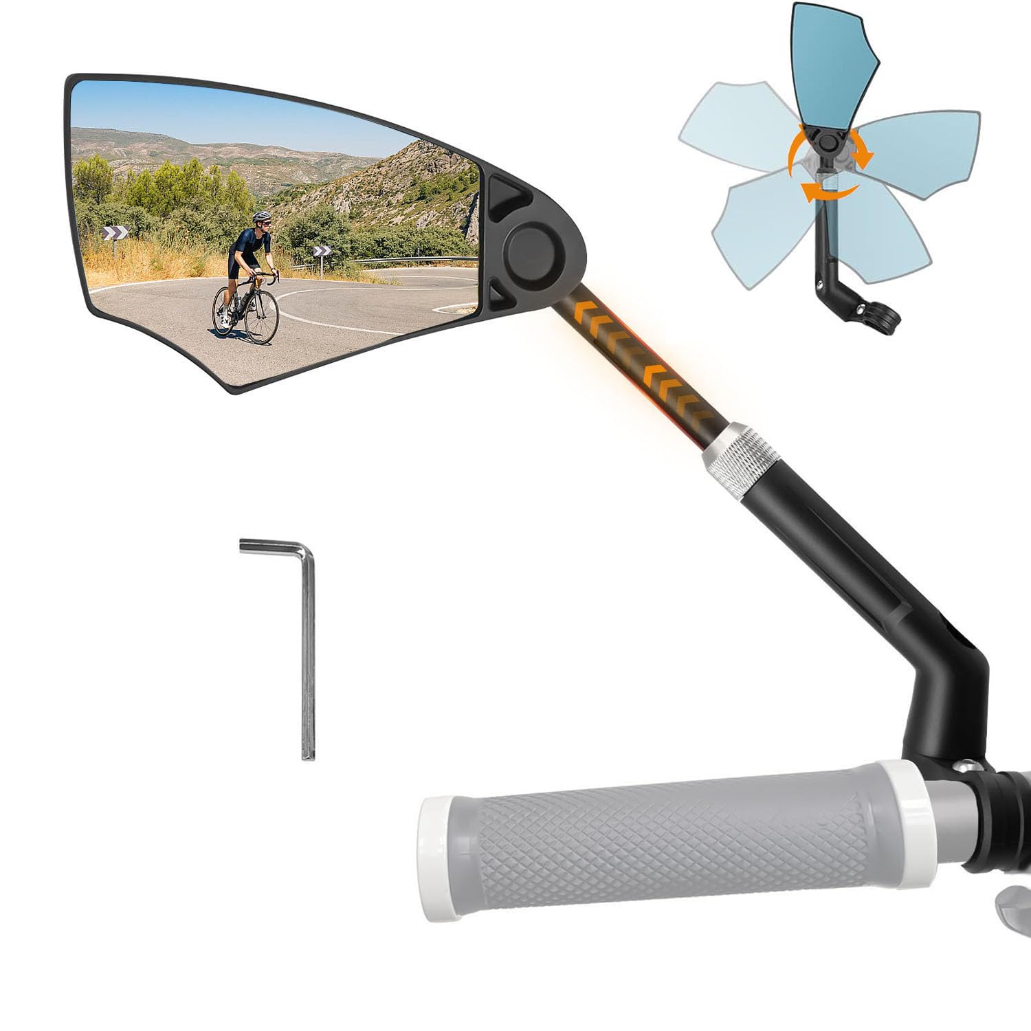 Arkham Anti-Glare Bicycle Rear View Mirror, Retractable & 360° Rotatable, Extra Large HD Real Glass, for 20-23 mm Handlebars, Left