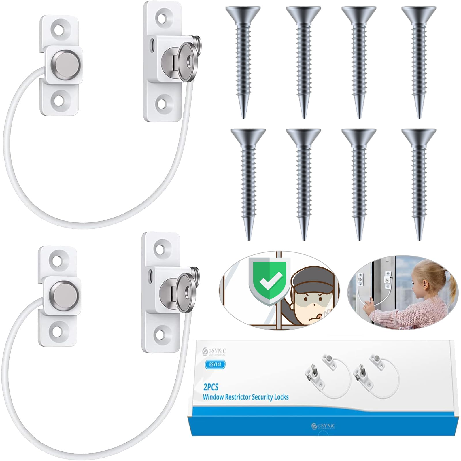 eSynic 2pcs Kids Window Restrictor Locks Window Locks UPVC Baby Safety Security Wire Catch with Keys for Baby Children Safety Perfect for Home Public Applications-White — image 1