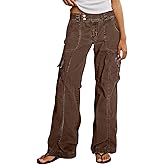 Flamingals Womens Vintage Washed Cargo Pants Mid Waist Wide Straight Leg Flap Pocket Seam Front Streetwear Trousers Pants