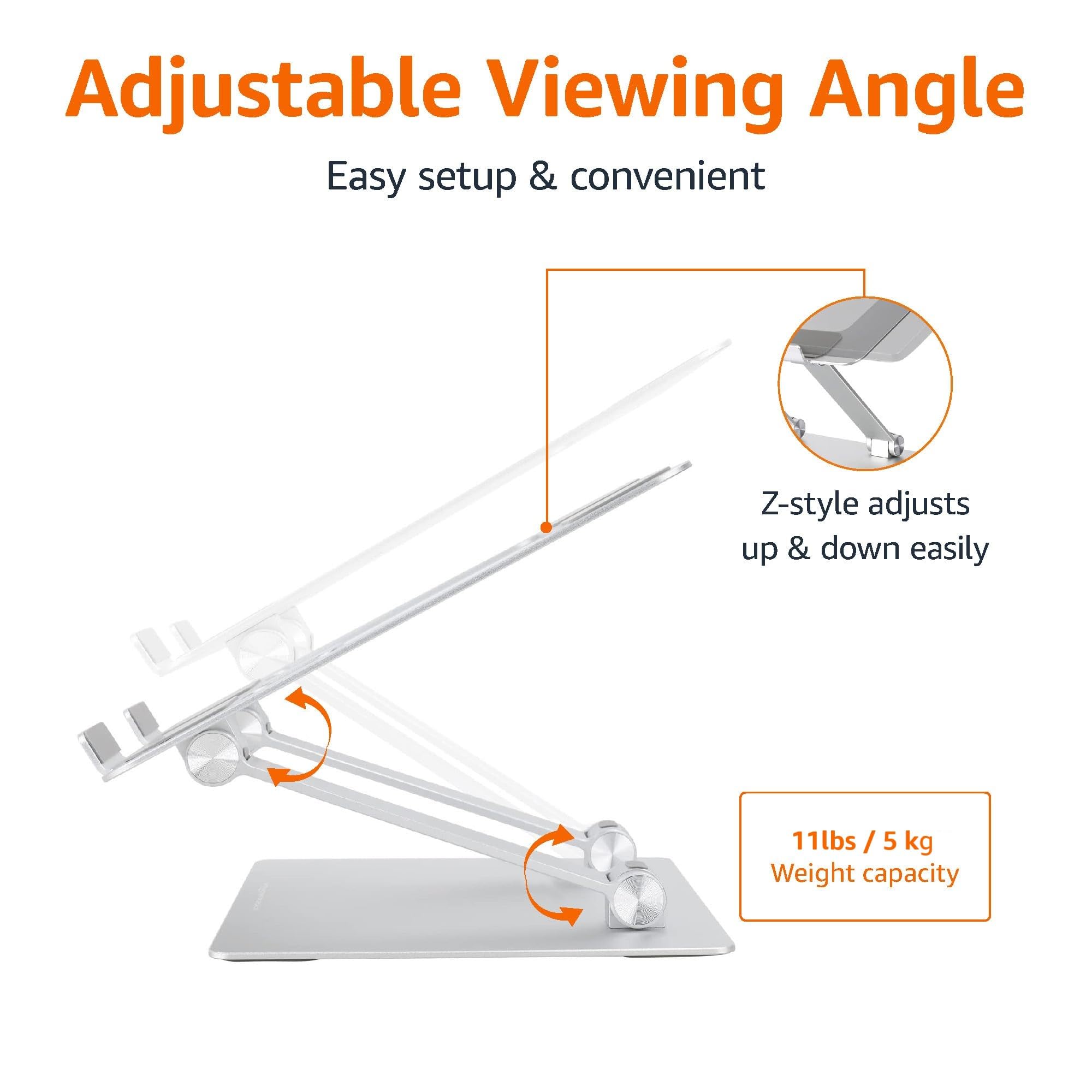 Amazon Basics Sturdy and Portable Ergonomic Laptop Stand for Desk, Adjustable Riser, Fits all Laptops and Notebooks up to 17.3 Inch, Silver, 10 x 8.7 x 6 in
