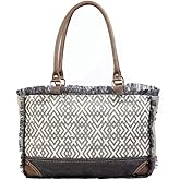 Myra Bag X Print Fringed Geometric Purse for Women - Upcycled Canvas Hand Bag with Buffalo Leather Detailing, Boho Handbags for Women, Black and White Tribal Pattern, Fun Ladies Bohemian Purse