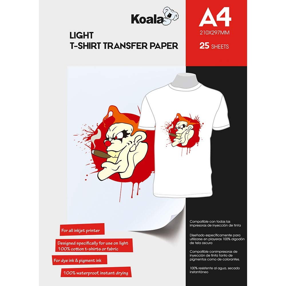 KOALA Premium Inkjet Iron On T Shirt Transfer Paper for White and Light Fabrics x 25 Sheets, A4. Vivid, Long-Lasting Images. Easy to Use