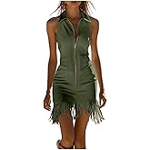 Western Cowgirl Dress for Women Sexy Zipper V Neck Sleeveless Dresses Vintage Tassel Fringe Suede Mini Dresses