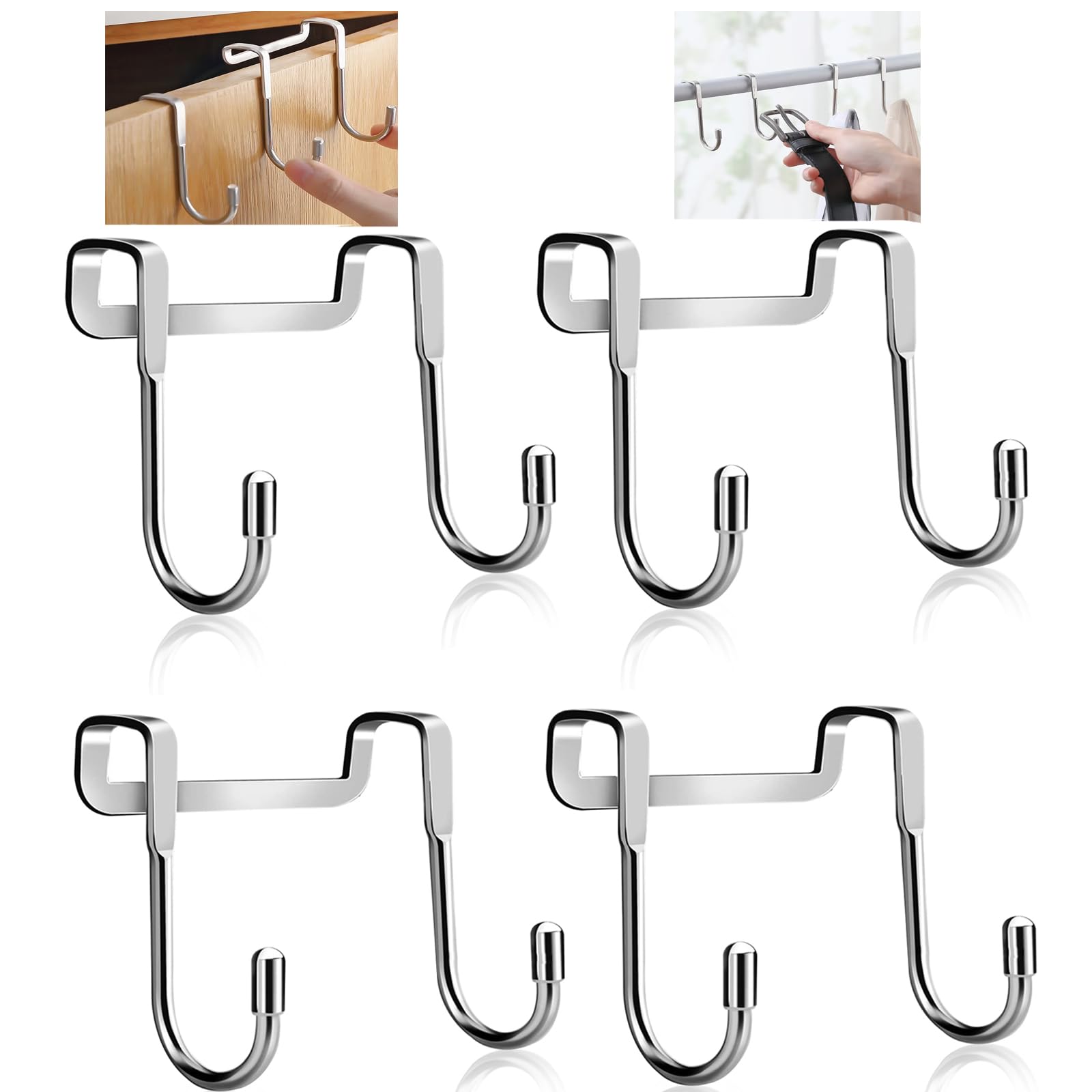 Teokantz 4PCS Stainless Steel Over Door Hook Hanger Shower Towel Hooks for Hanging, Multipurpose Cupboard Narrow Door Hooks for Bathrooms Kitchen Cabinet Wardrobe