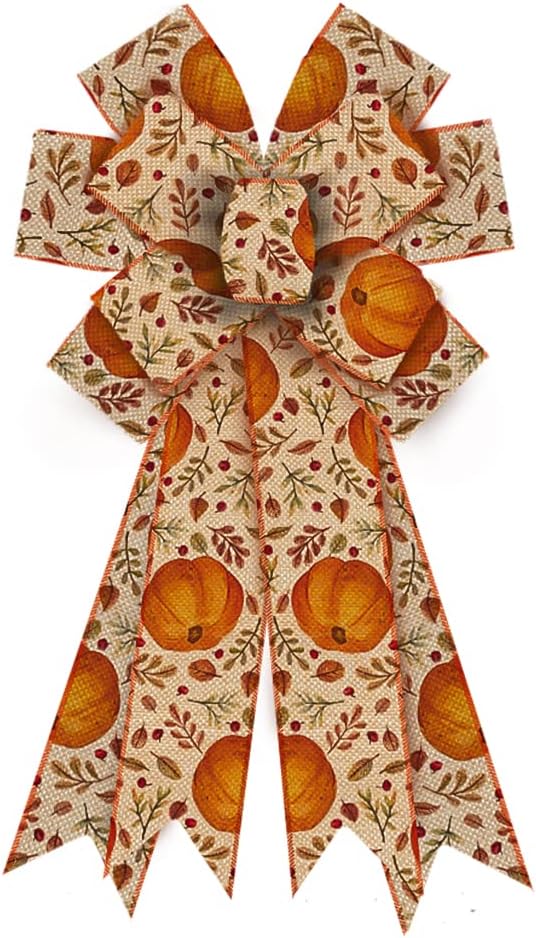 Bows & Ribbons - Large Fall Bow for Wreath, Burlap Pumpkin Leaf Wreath Bow for Autumn Décor Fall Leaf Pumpkin Bow for Front Door Indoor Outdoor Wall Tree Topper Decoration Supplies Thanksgiving Ornament
