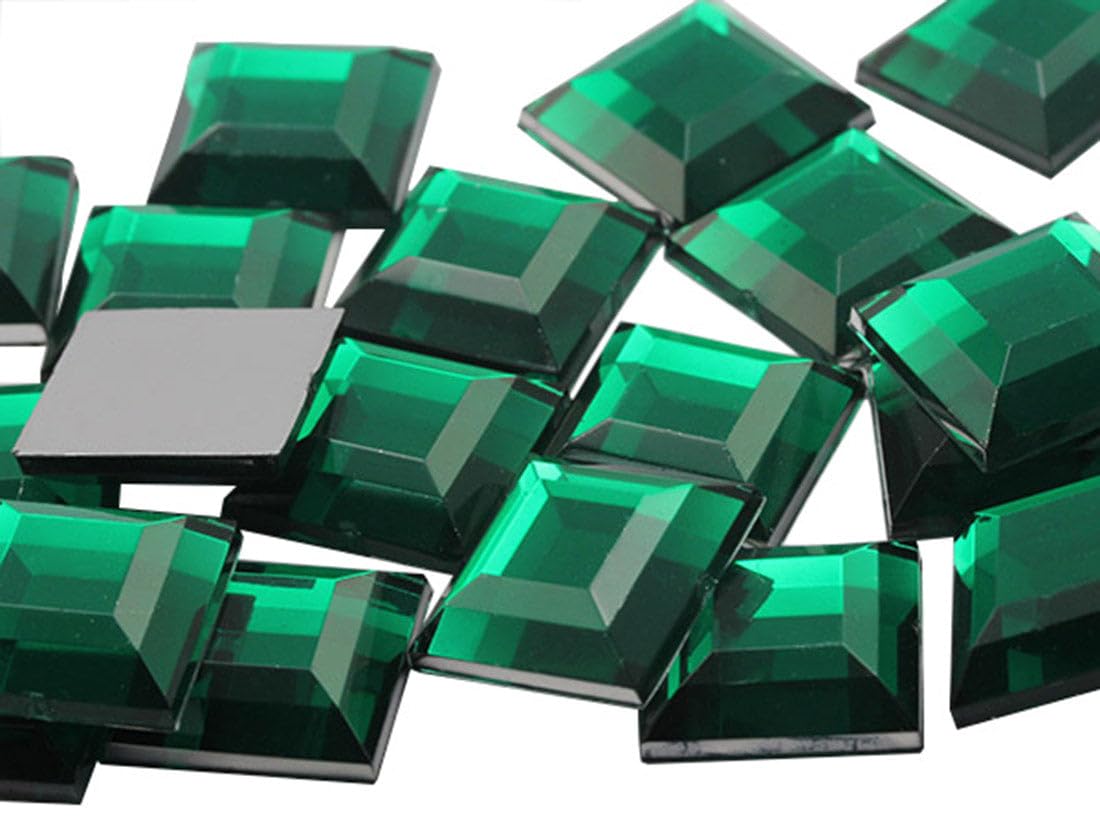 8mm Flat Back Square Acrylic Rhinestones Small Face Gems Body Jewels Card Making Embelishments - 75 Pieces (Green Emerald .MD)