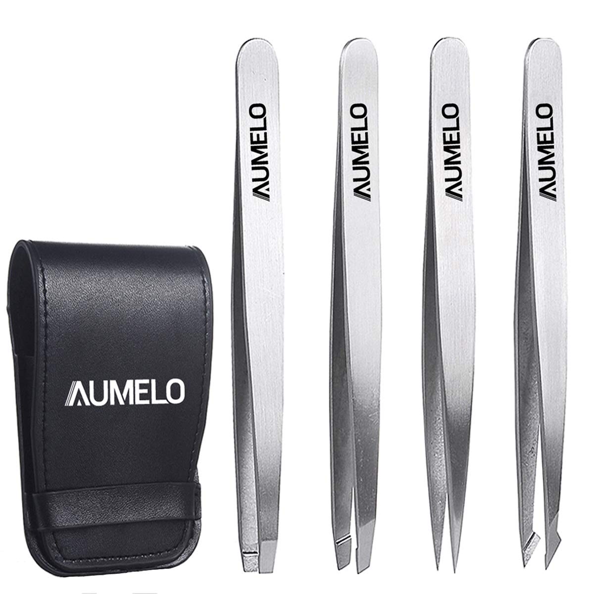 Photo 1 of Tweezers Set 4-Piece Professional Stainless Steel Tweezers Gift with Travel Case by Aumelo - Best Precision Eyebrow and Splinter Ingrown Hair Removal Tweezer Tip,No Colored & Chemical Free