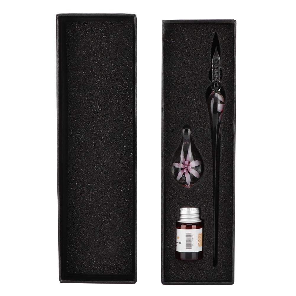 Glass Dip Pen, Retro Crystal Elegant Flower Glass Dip Pen Signature Ink Pen Fountain Pen with Ink Penholder(Pink)