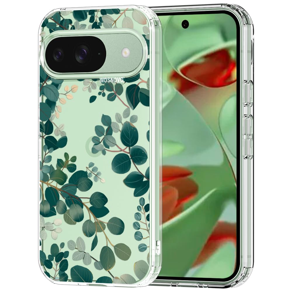 MOSNOVO Case for Google Pixel 9 & Pixel 9 Pro, [Buffertech 6.6ft Military-Grade Drop Protection] [Anti Peel Off Tech] Clear TPU Bumper Phone Case Cover Design - Eucalyptus