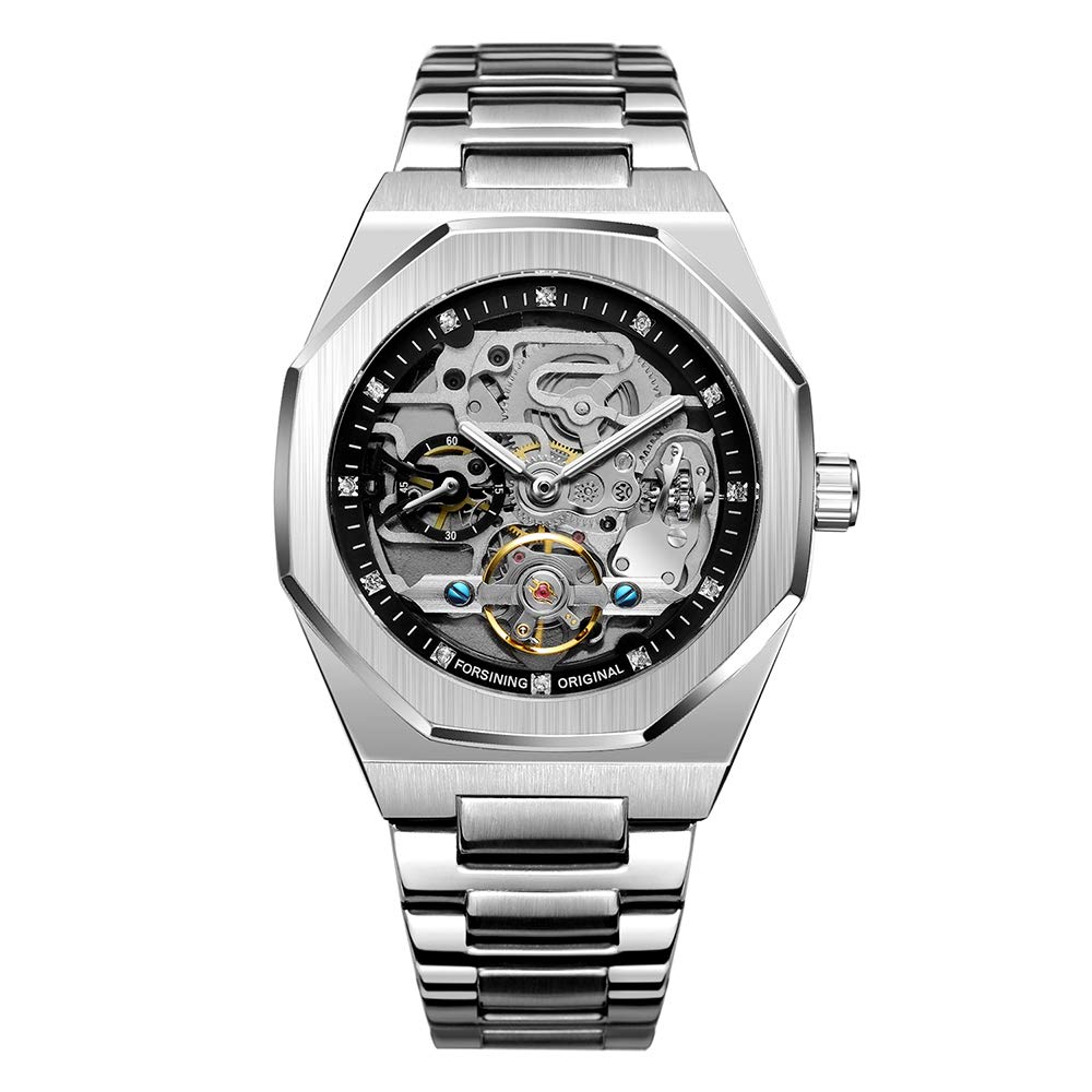 BOLYTE Tourbillon Design Men's Analog Automatic Stainless Steel Wrist Watch Mechanical Skeleton Male Clock (Silver Black)