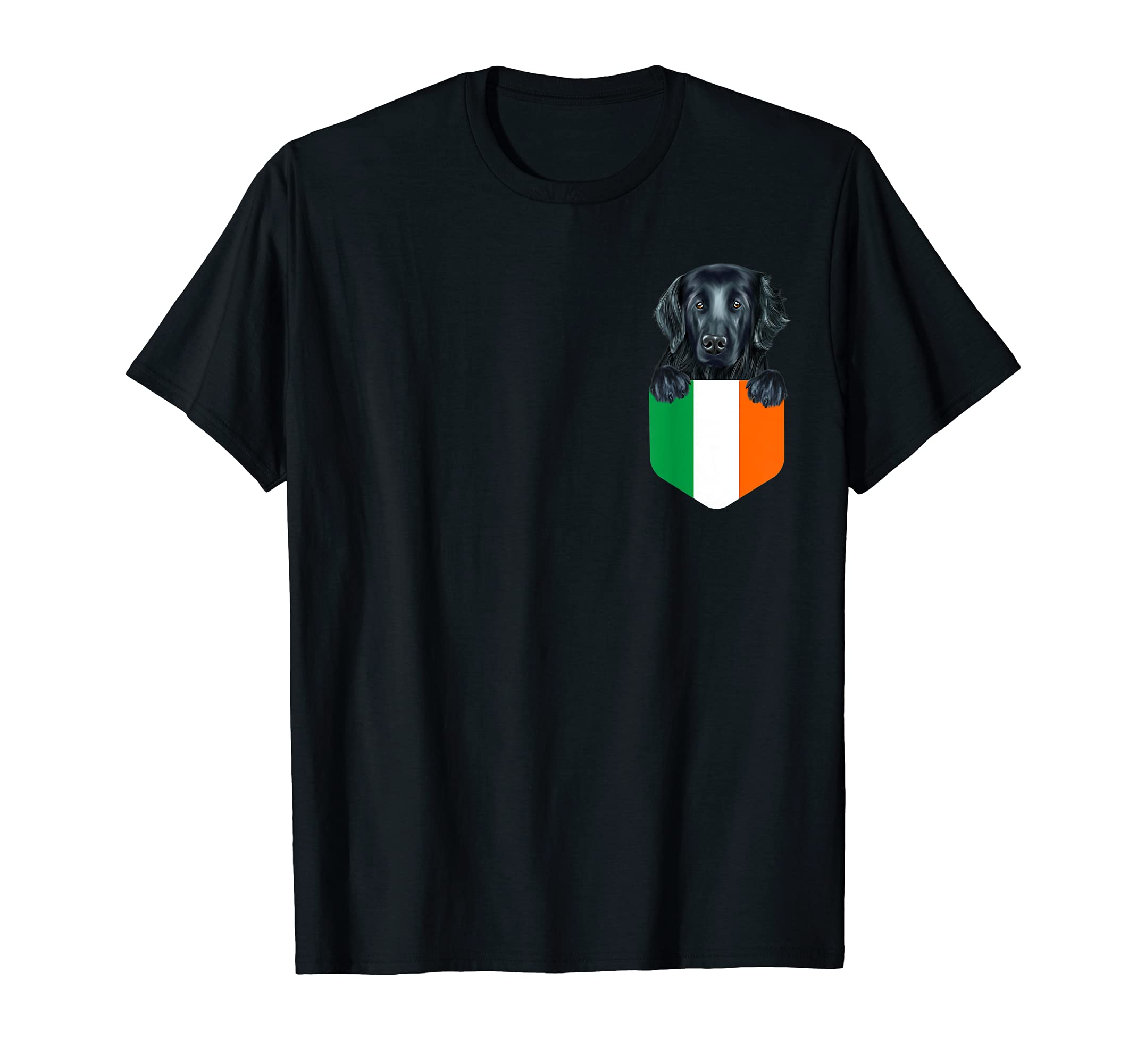 Ireland Flag Flat-Coated Retriever Dog In Pocket T-Shirt