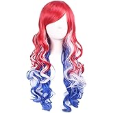 OMORFIEER Long Wavy Wigs for Women American Flag Wig 4th of July Costume Wig Red White and Blue Wigs