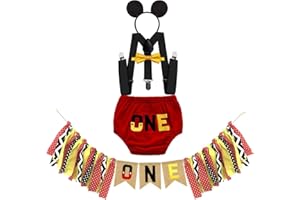 MYRISAM Baby Boys First Birthday Cake Smash Photo Prop Outfits ONE Bloomers Bow Tie Suspender Headband w/Highchair Banner
