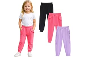 HILEELANG Toddler Girls' Jogger Pants 3-Pack Pull on Cotton French Terry Solid Ruffle Pocket SweatPants12M-7Y