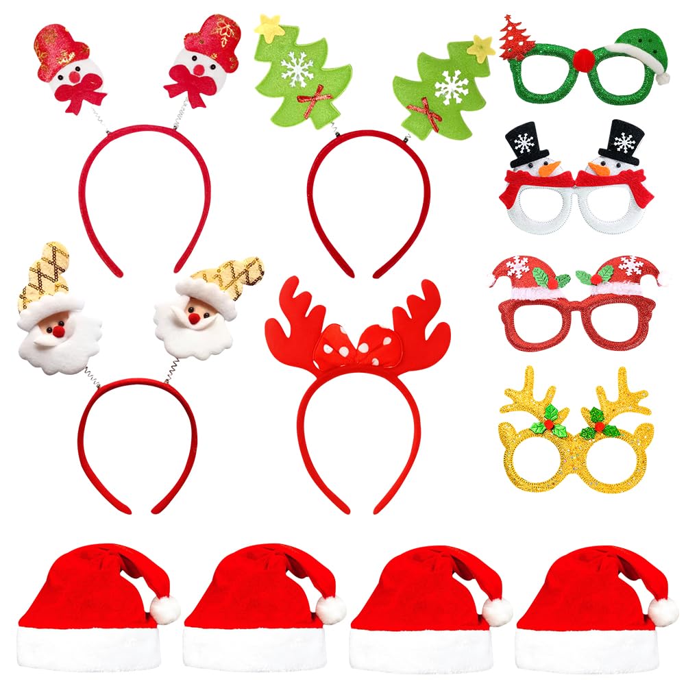 ZesGlyxyr Christmas Party Glasses Set, 4 PCS Christmas Headband, Xmas Santa Hat, Xmas Novelty Glasses, Party Set for Kids Adults for Fancy Dress Partys Favors Gifts for Holiday Favors A