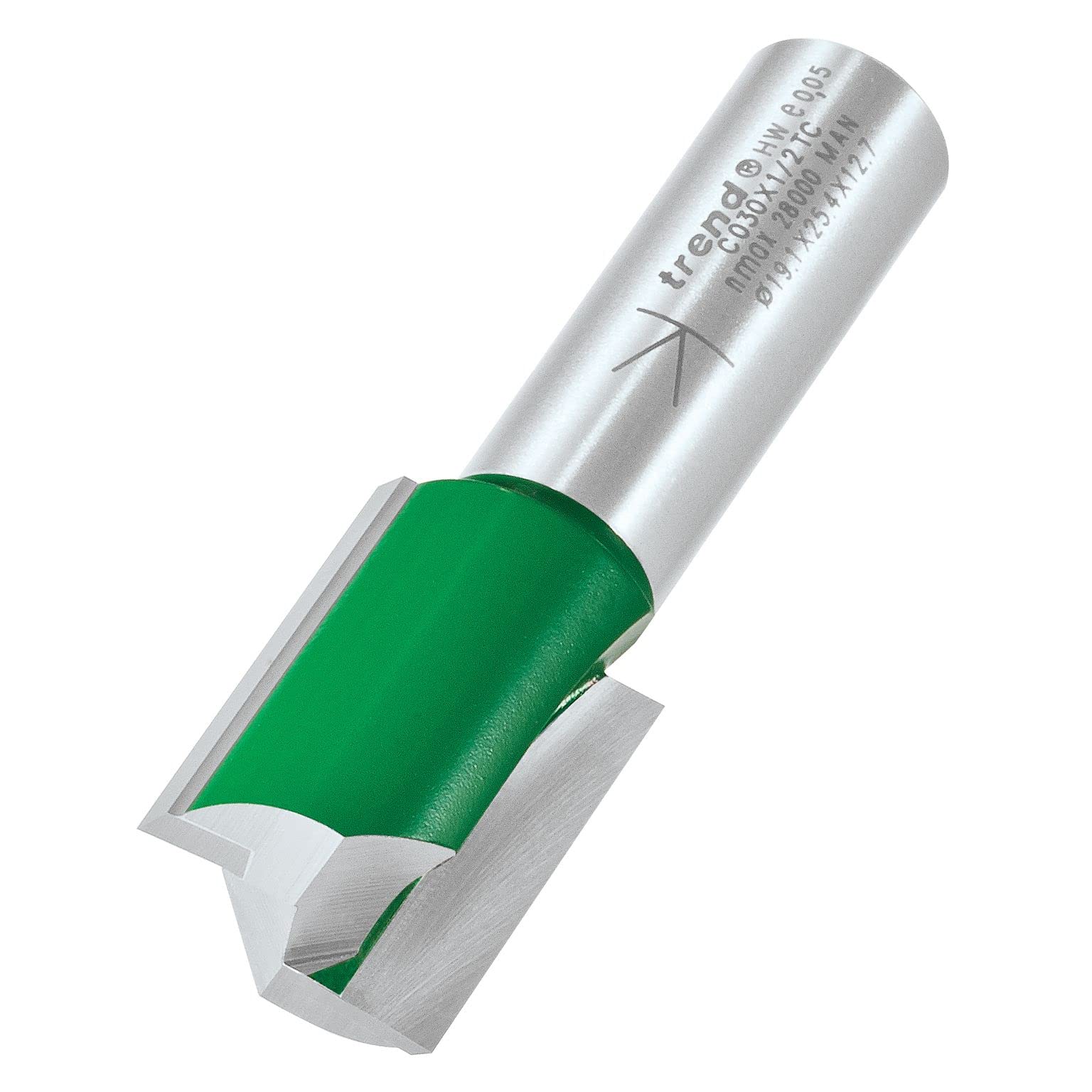 Trend CraftPro Straight Two Flute Router Cutter, 1/2 Inch Shank, 19.1mm Cut Diameter, 25.4mm Cut Length, Tungsten Carbide Tipped, C030X1/2TC