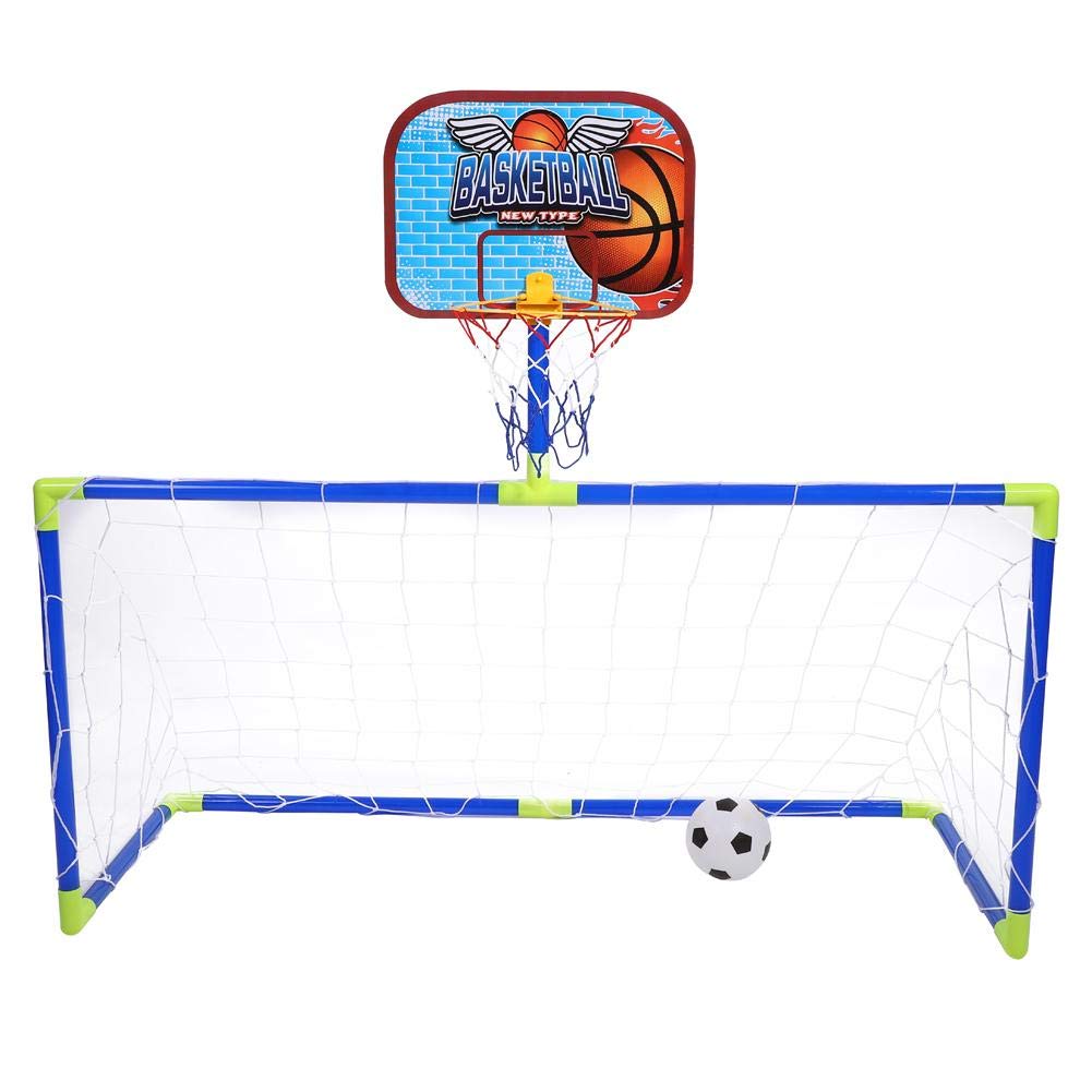 Dilwe Basketball and Soccer Sports Goal Sets, Portable Collapsible Kids Soccer Goal Basketball Kit with Football Basketball Pump for Kids Toy Gift Playing Fun