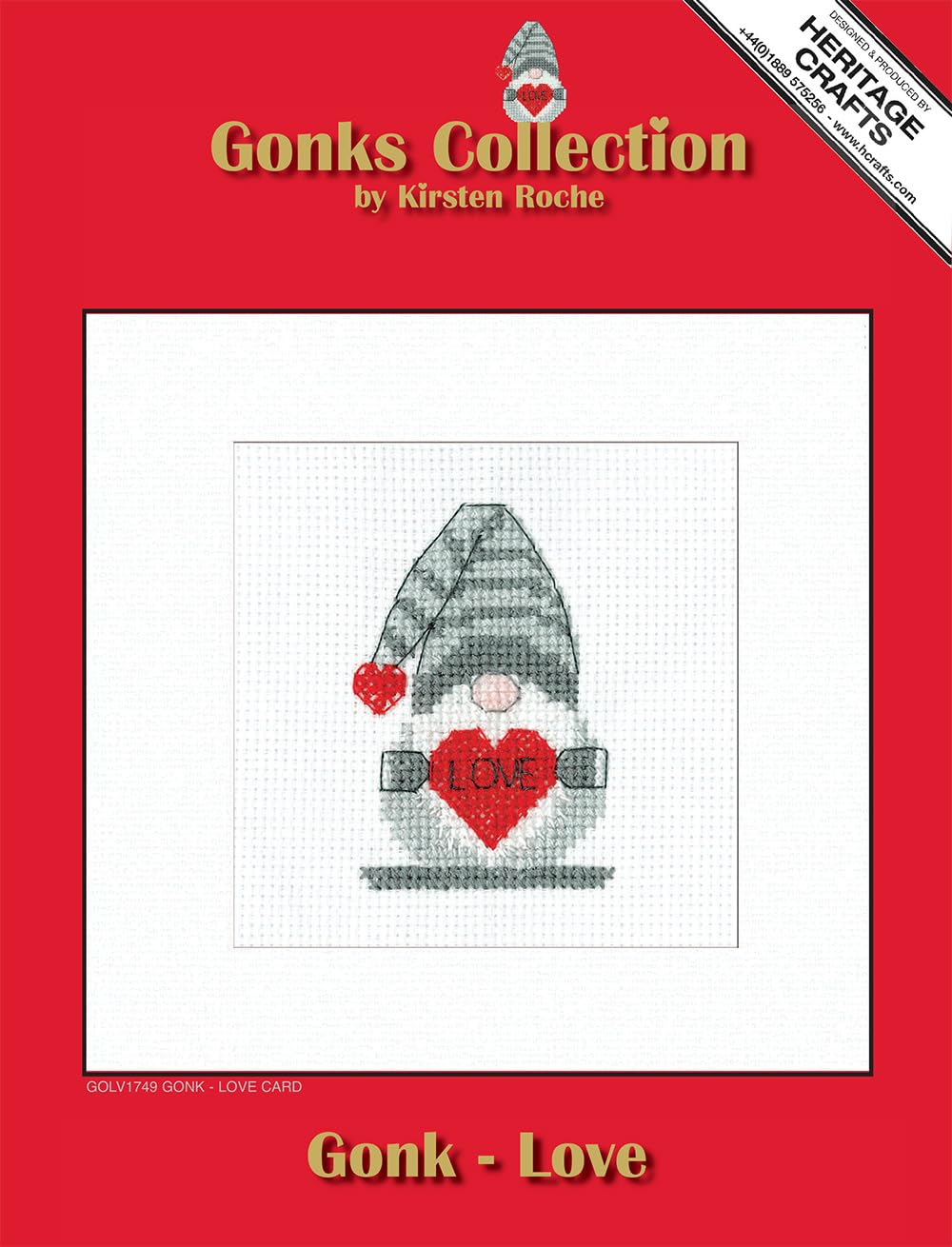 Heritage Crafts Cross Stitch Kit - Greetings Card, Gonk - Love - Kirsten Roche