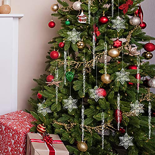 SallyFashion Weihnachtsbaum Anhänger, 30 Stück Acryl Schneeflocken und Eiszapfen Christbaumschmuck mit Transparent Seil für Weihnachtsbaum Party Dekorationen