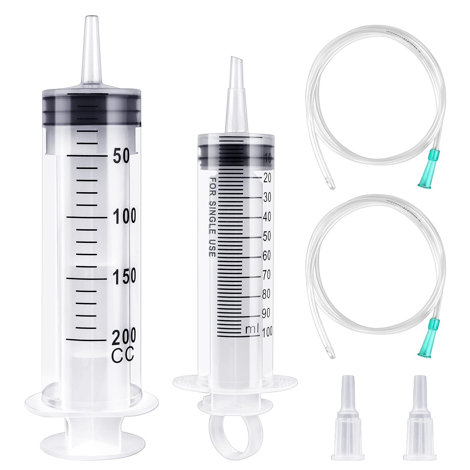 2 Pcs Large Syringe (200ml+100ml) with 2 Pcs 1m Tube, Reusable Plastic Syringe with Cap No Needle, Liquid Measuring Syringe for Lab Experiments, Industrial Use, Plant Feeding, Pet Feeding