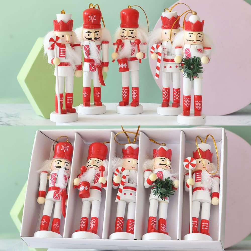 Nutcrackers - MANO Nutcracker Ornaments for Christmas Tree Nutcracker Figures Christmas Decoration Puppet Toys Home Decor - White Red - 6Inch - 2 Set of 5PCS