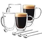 GOROGILE Double Wall Glass Coffee Mugs 12 OZ, Clear Coffee Cup With Handle,Insulated Coffee Mugs Set of 4 With Spoons Perfect for Espresso, Cappuccino, Latte, American,Tea Bag, Beverage
