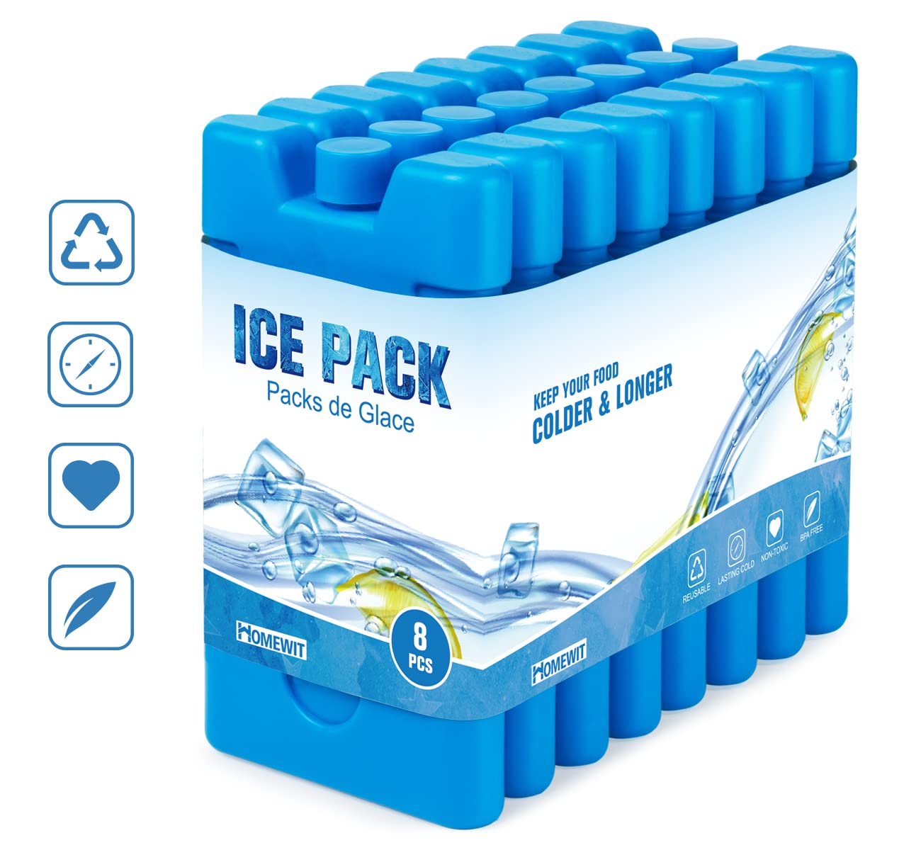 Homewit Ice Packs for Cool Box 210 ML - Set of 8 Freezer Blocks for Cool Bag, Slim and Lightweight Design, Reusable Freezer Packs, Blue