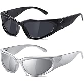 JASPIN Y2K Wrap Around Sunglasses for Women Men Sliver Oval Fashion Trendy Sport Shades UV Protection Eyeglasses