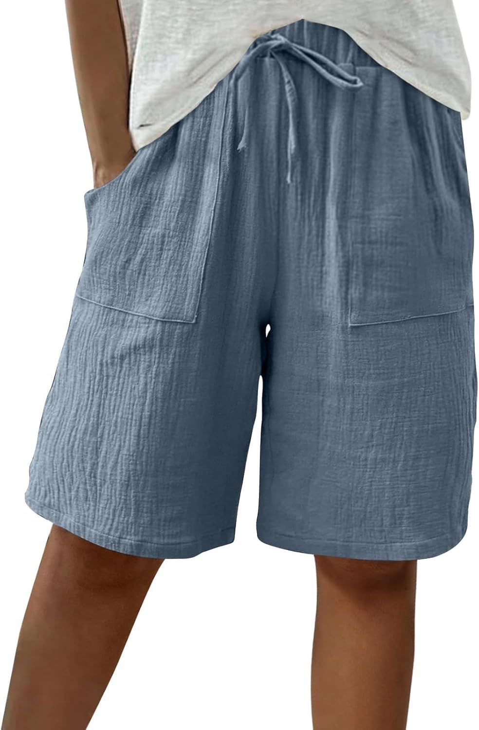 APRDFEU Bermuda Shorts for Women Knee Length High Waisted Baggy Shorts with Pockets Cotton Linen Summer Casual Lounge Outfits