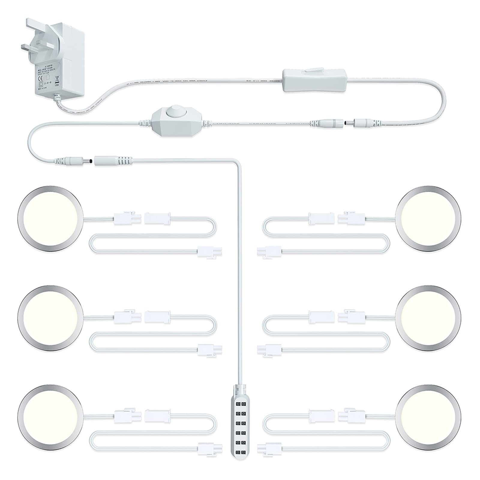 Under Cabinet Kitchen Lights, Linkable 12W 960LM Dimmable LED Cabinet Lighting Kit, Warm White Under Counter Lights, Mains Powered Puck Lights for Cupboard, Wardrobe, Display Cabinet, Closet, 6 Pack