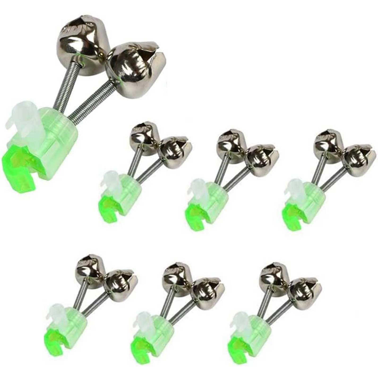 6 Pcs Fishing Rod Bells with Clip – Double Bell Bite Alarm for Night & Ice Fishing, Green ABS Clip with Silver Galvanized Metal Bells