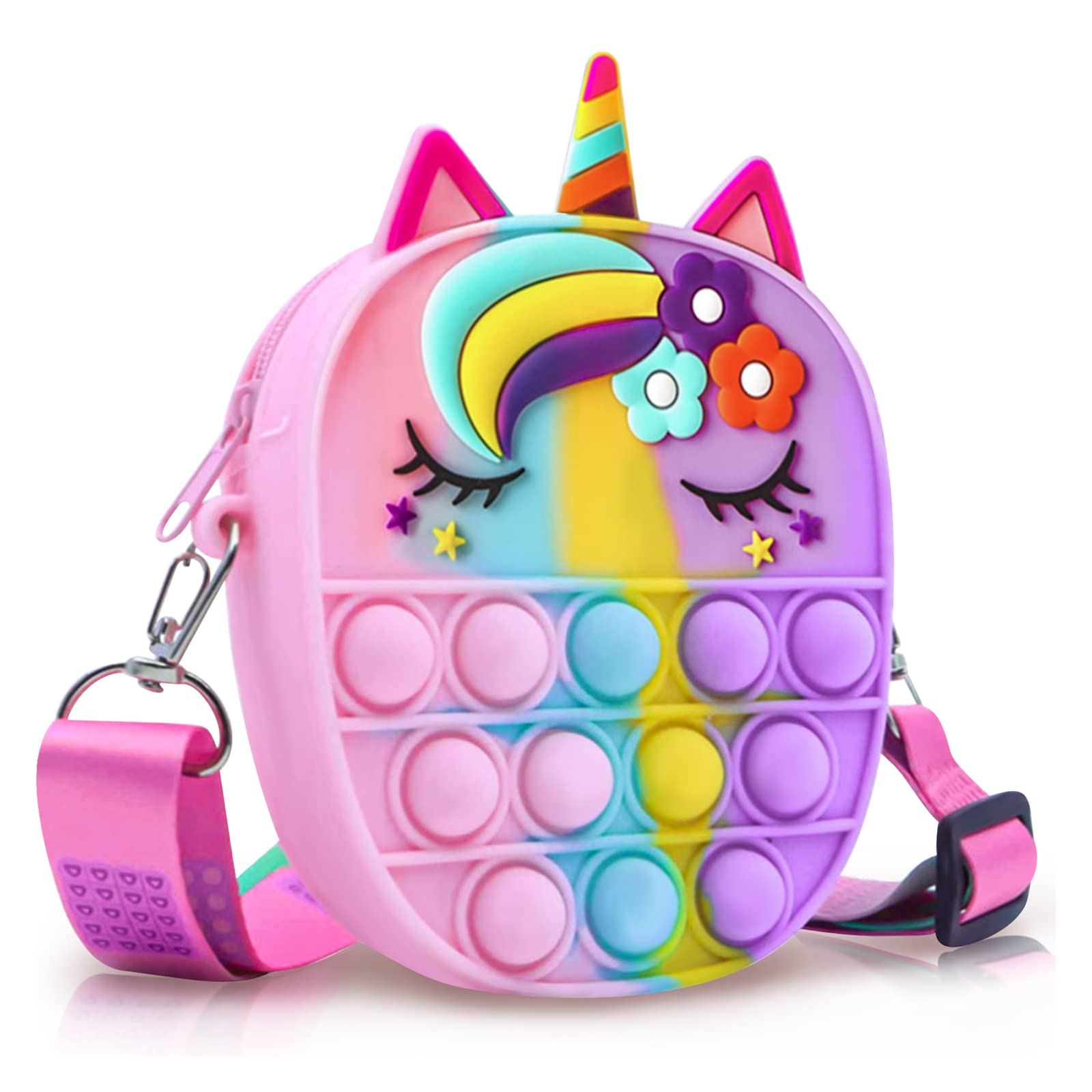 Unicorn Pop Fidget Bag, Silicone Push Bubble Fashion Rainbow Pop Purse with Adjustable Shoulder Straps (Style D)