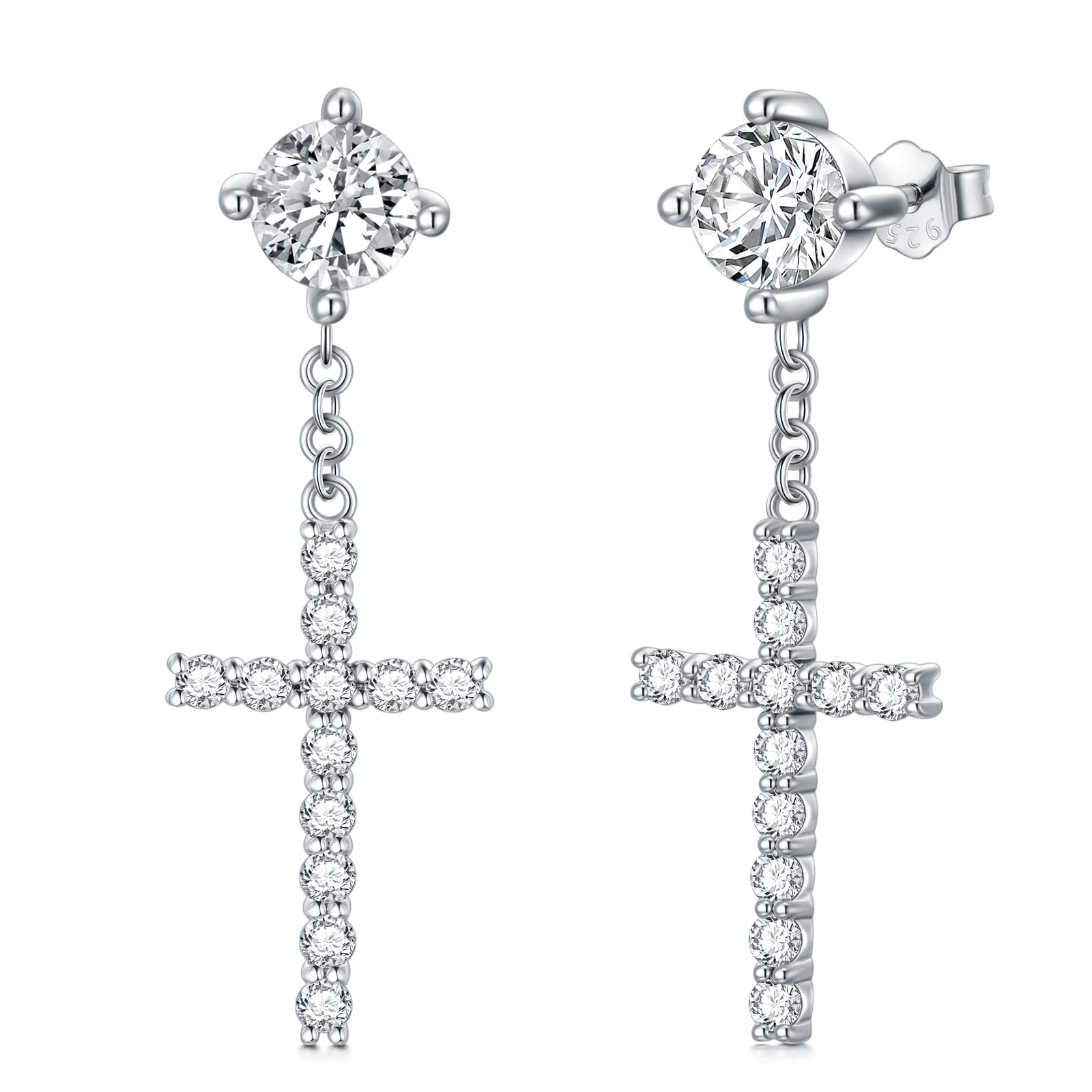 SISGEM s925 Silver Cross Dangle Earrings, 925 Sterling Silver Moissanite Cross Dangly Earrings, Lab-Created Crown Diamond Earring Studs, for Women Girls Ladies Mum Sisters
