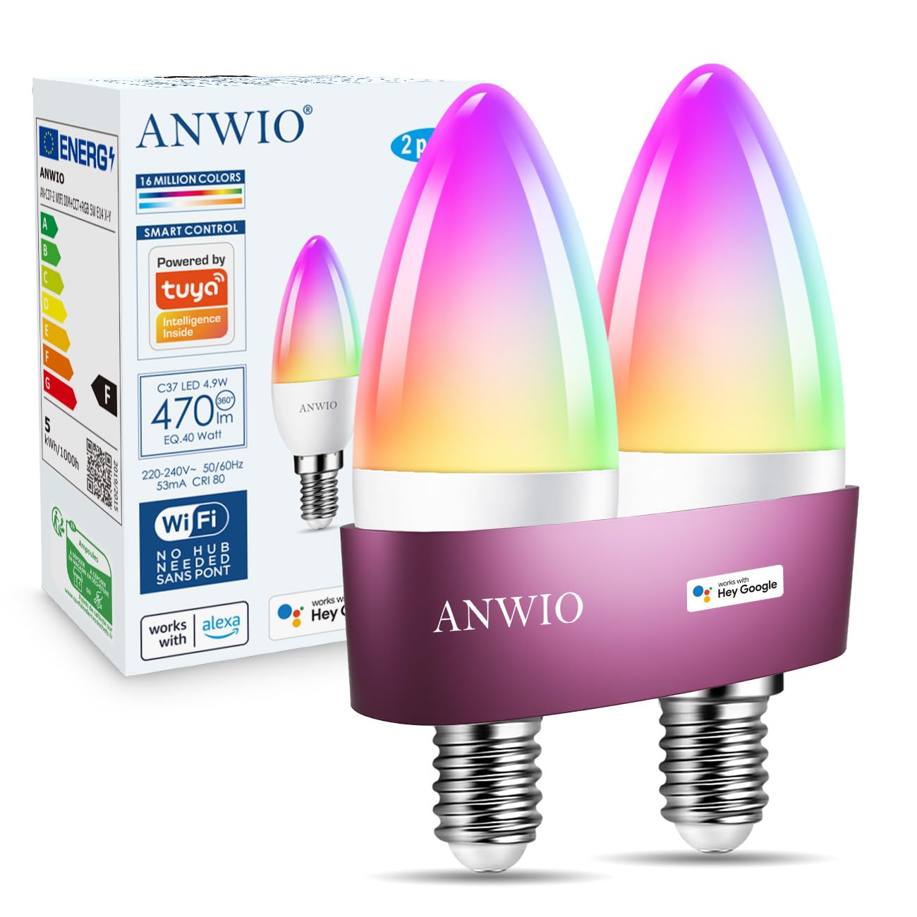 ANWIO Alexa Smart 5W E14 Candle LED Bulb,Dimmed C37 Tuya WiFi Bulb Smart Life,470Lm,Replace 40 Watt,Alexa Echo Light Bulb,Colour Changing RGB Bulb E14,Google Assistant Bulbs (2 Pack)